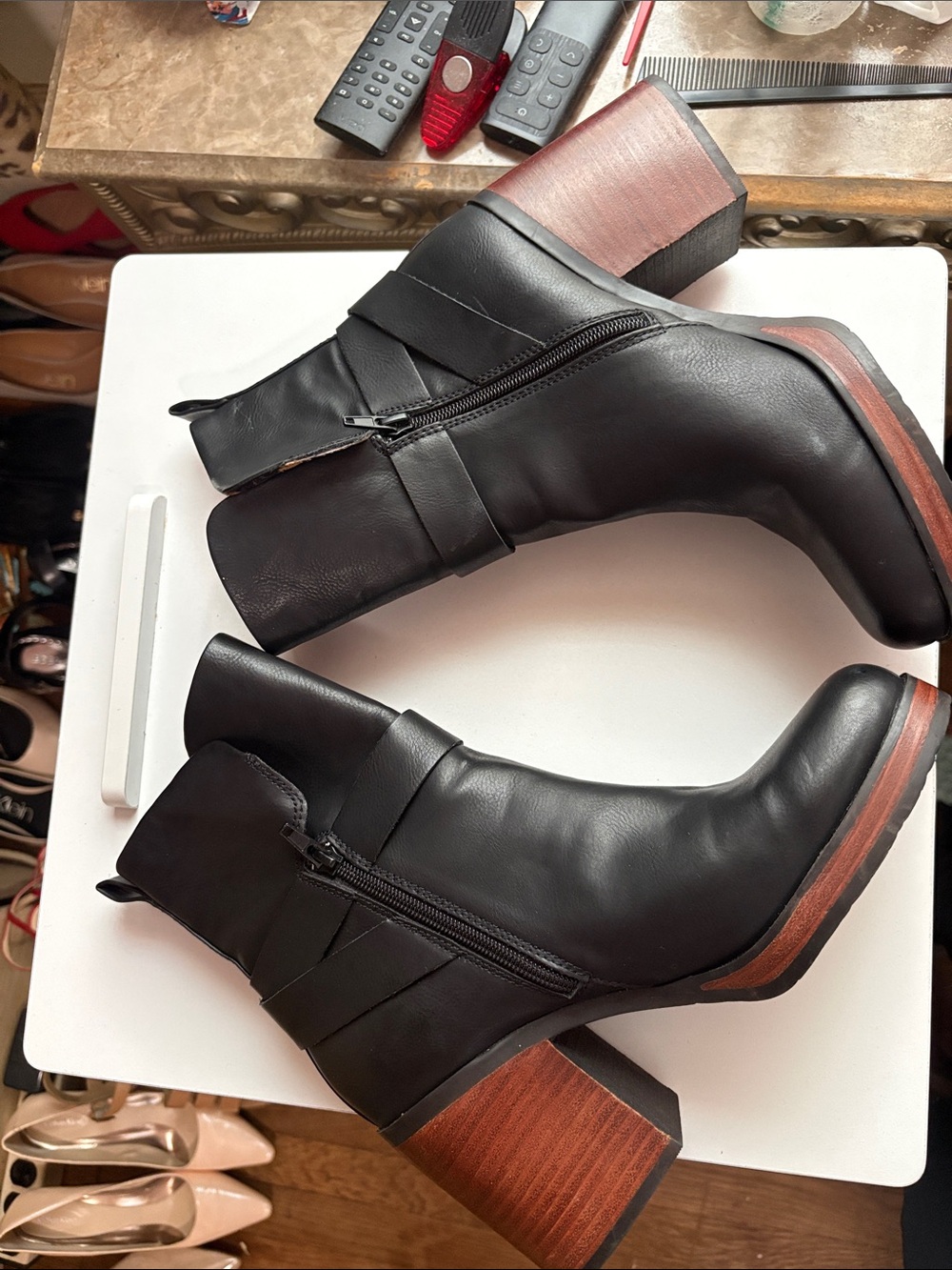Kork-Ease Black Leather Ankle Boots with Brown Stacked Heel - Picture 7 of 8